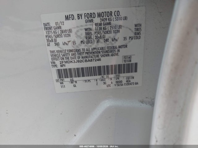 Продаж на аукціоні авто 2012 Ford Edge Sel, vin: 2FMDK3J92CBA87246, номер лоту: 46274066