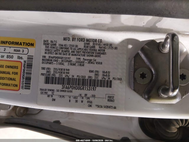 2016 Ford Fusion Se მანქანა იყიდება აუქციონზე, vin: 3FA6P0HD0GR153197, აუქციონის ნომერი: 46274069