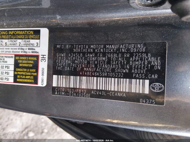 Aukcja sprzedaży 2009 Toyota Camry Le, vin: 4T4BE46K59R105232, numer aukcji: 46274074