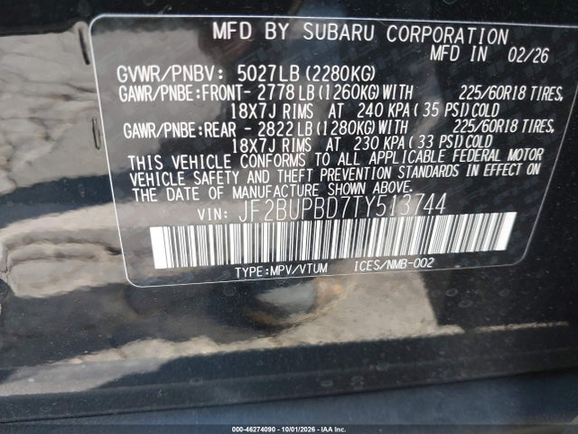 Продаж на аукціоні авто 2026 Subaru Outback Premium, vin: JF2BUPBD7TY513744, номер лоту: 46274090
