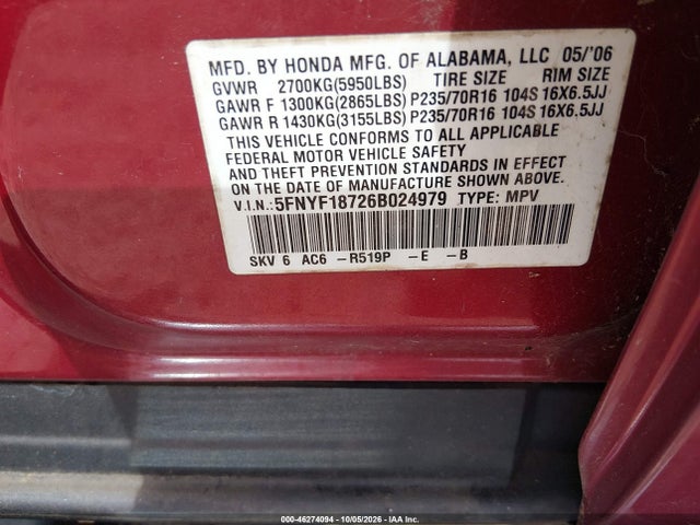 Продажа на аукционе авто 2006 Honda Pilot Ex-l, vin: 5FNYF18726B024979, номер лота: 46274094