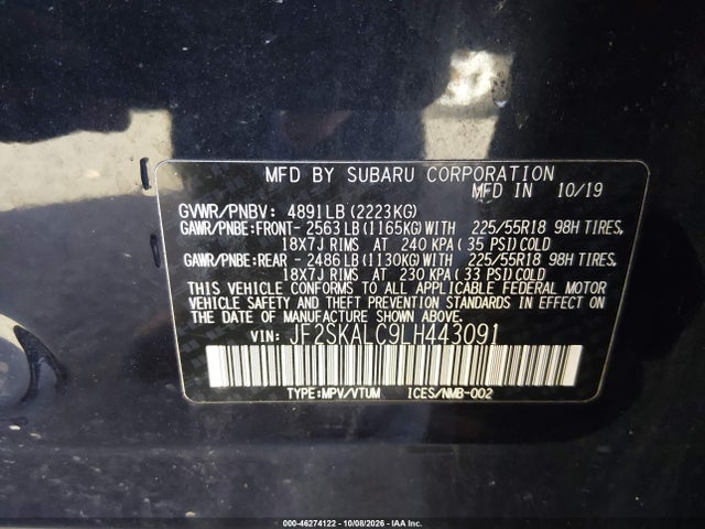 46274122 :رقم المزاد ، JF2SKALC9LH443091 vin ، 2020 Subaru Forester Sport مزاد بيع