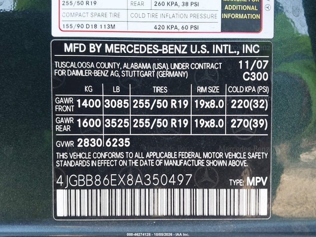 46274128 :رقم المزاد ، 4JGBB86EX8A350497 vin ، 2008 Mercedes-benz Ml 350 4matic مزاد بيع