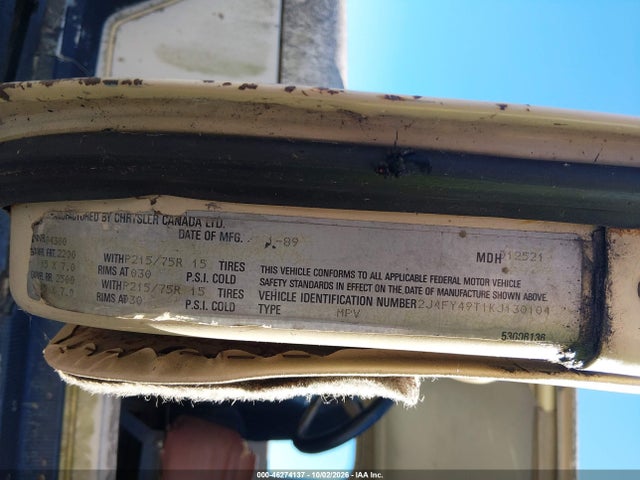 46274137 :رقم المزاد ، 2J4FY49T1KJ130104 vin ، 1989 Jeep Wrangler / Yj Sahara مزاد بيع