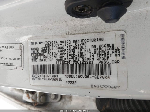 Продажа на аукционе авто 2003 Toyota Camry Xle, vin: 4T1BE30K73U123221, номер лота: 46274187