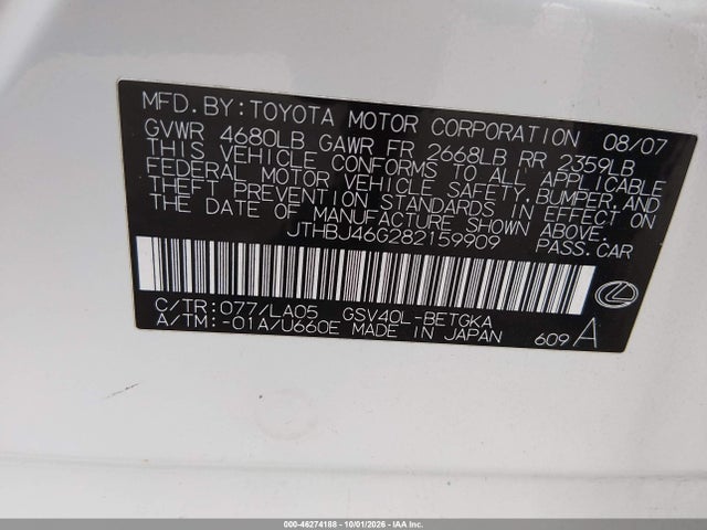 Aukcja sprzedaży 2008 Lexus Es 350, vin: JTHBJ46G282159909, numer aukcji: 46274188