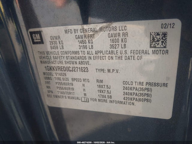 Aukcja sprzedaży 2012 Gmc Acadia Slt-1, vin: 1GKKVRED0CJ271623, numer aukcji: 46274209