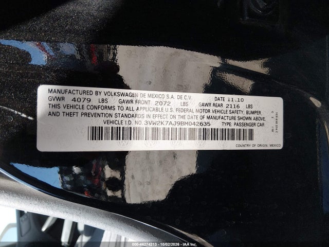2011 Volkswagen Jetta 2.0l S მანქანა იყიდება აუქციონზე, vin: 3VW2K7AJ9BM042635, აუქციონის ნომერი: 46274213