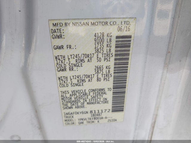 Продаж на аукціоні авто 2016 Nissan Nv Cargo Nv2500 Hd S V8/sl V8/sv V8, vin: 1N6AF0KY6GN811172, номер лоту: 46274243