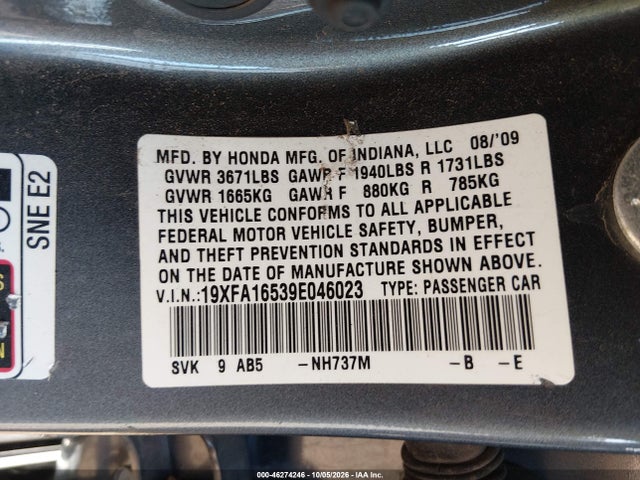 Продаж на аукціоні авто 2009 Honda Civic Lx, vin: 19XFA16539E046023, номер лоту: 46274246