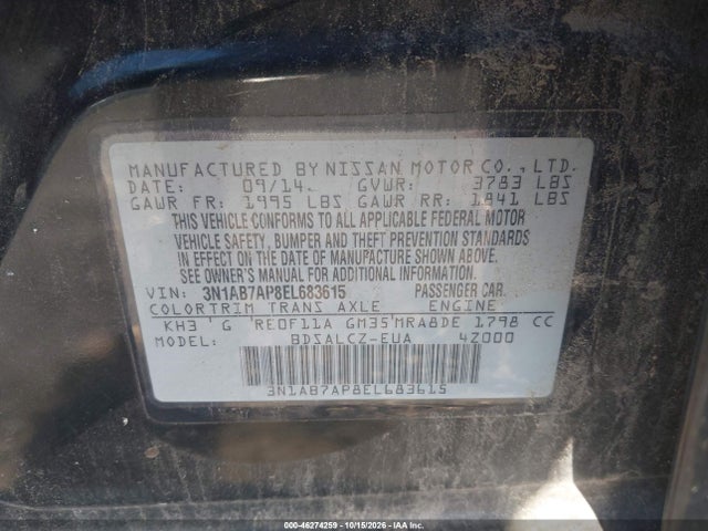 Продаж на аукціоні авто 2014 Nissan Sentra S, vin: 3N1AB7AP8EL683615, номер лоту: 46274259