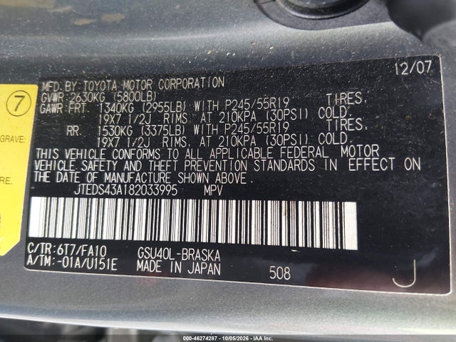 Aukcja sprzedaży 2008 Toyota Highlander Sport, vin: JTEDS43A182033995, numer aukcji: 46274287