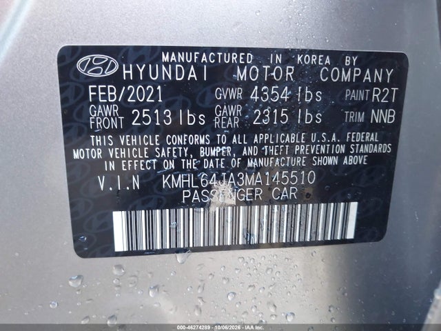 Продаж на аукціоні авто 2021 Hyundai Sonata Sel, vin: KMHL64JA3MA145510, номер лоту: 46274289