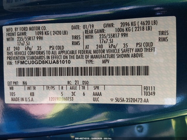 Aukcja sprzedaży 2019 Ford Escape Se, vin: 1FMCU0GD8KUA81010, numer aukcji: 46274310