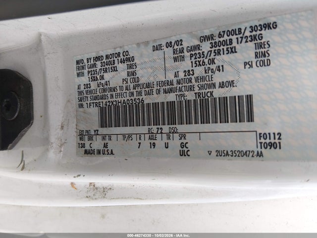 Продажа на аукционе авто 2003 Ford E-150 Commercial, vin: 1FTRE142X3HA03536, номер лота: 46274330