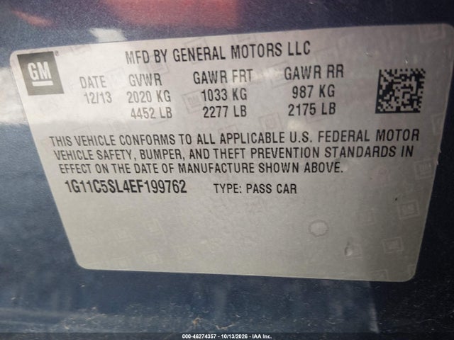 2014 Chevrolet Malibu 1lt მანქანა იყიდება აუქციონზე, vin: 1G11C5SL4EF199762, აუქციონის ნომერი: 46274357
