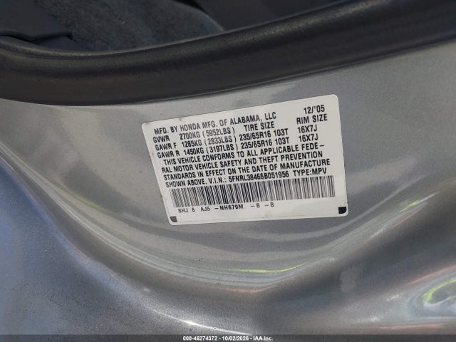 Продаж на аукціоні авто 2006 Honda Odyssey Ex, vin: 5FNRL38466B051956, номер лоту: 46274372