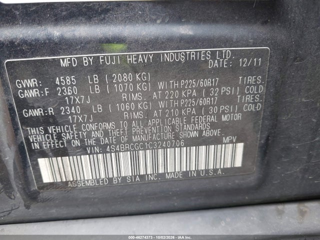 46274373 :رقم المزاد ، 4S4BRCGC1C3240706 vin ، 2012 Subaru Outback 2.5i Premium مزاد بيع
