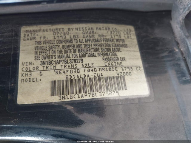 2011 Nissan Versa 1.8s მანქანა იყიდება აუქციონზე, vin: 3N1BC1AP7BL379279, აუქციონის ნომერი: 46274384