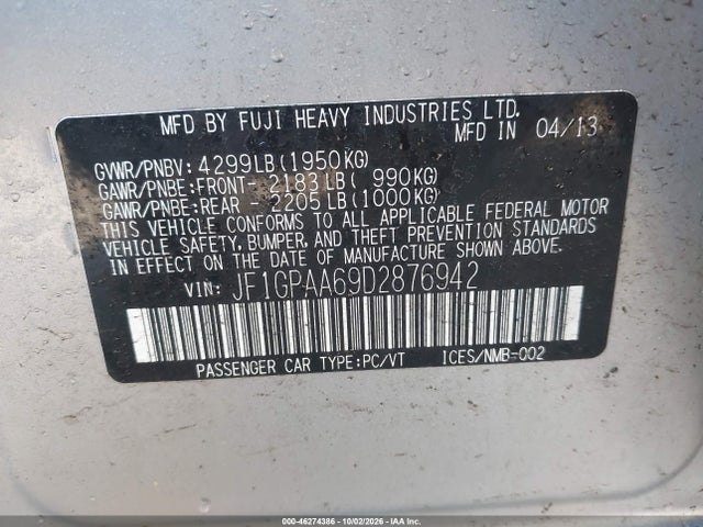 Продаж на аукціоні авто 2013 Subaru Impreza 2.0i, vin: JF1GPAA69D2876942, номер лоту: 46274386