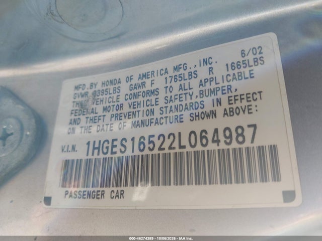 Aukcja sprzedaży 2002 Honda Civic Lx, vin: 1HGES16522L064987, numer aukcji: 46274389