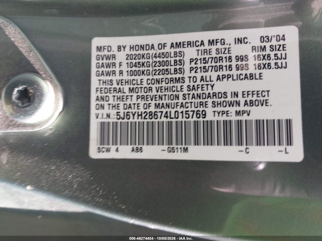 Продажа на аукционе авто 2004 Honda Element Ex, vin: 5J6YH28674L015769, номер лота: 46274404