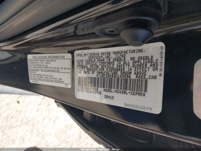 46274420 :رقم المزاد ، 4T1BE32K03U143596 vin ، 2003 Toyota Camry Le مزاد بيع