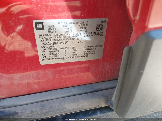 Продаж на аукціоні авто 2015 Chevrolet Trax Ltz, vin: 3GNCJNSB7FL232457, номер лоту: 46274427
