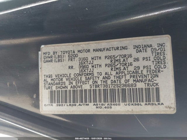 46274435 :رقم المزاد ، 5TBRT38172S236683 vin ، 2002 Toyota Tundra Ltd V8 مزاد بيع