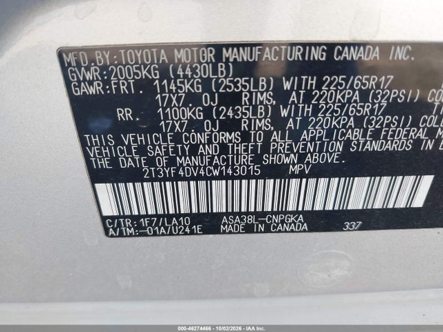 Продажа на аукционе авто 2012 Toyota Rav4 Limited, vin: 2T3YF4DV4CW143015, номер лота: 46274466