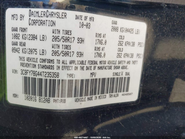 46274467 :رقم المزاد ، 3C8FY78G44T235358 vin ، 2004 Chrysler Pt Cruiser Gt مزاد بيع