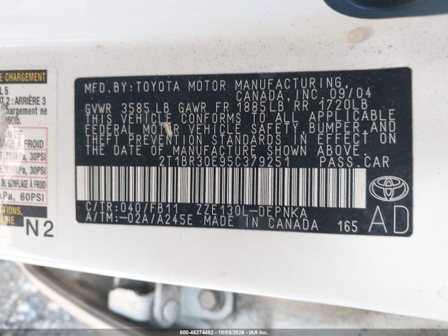 Aukcja sprzedaży 2005 Toyota Corolla Le, vin: 2T1BR30E95C379251, numer aukcji: 46274482