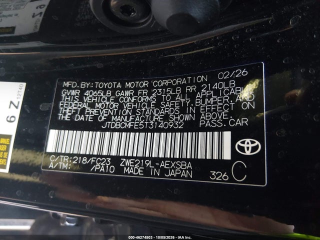 Aukcja sprzedaży 2026 Toyota Corolla Hybrid Hybrid Se, vin: JTDBCMFE5T3140932, numer aukcji: 46274503