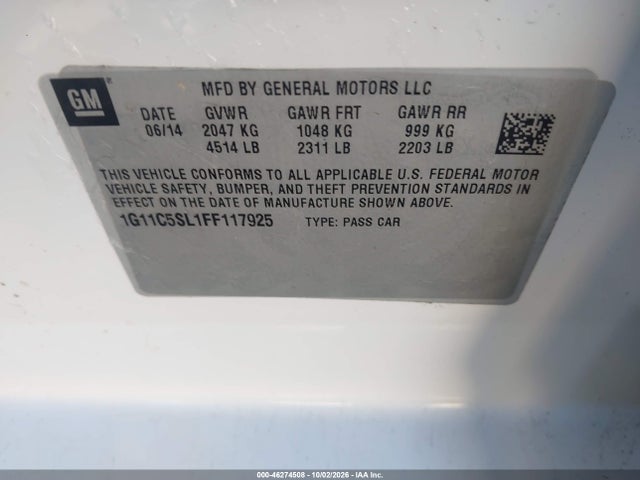 46274508 :رقم المزاد ، 1G11C5SL1FF117925 vin ، 2015 Chevrolet Malibu 1lt مزاد بيع