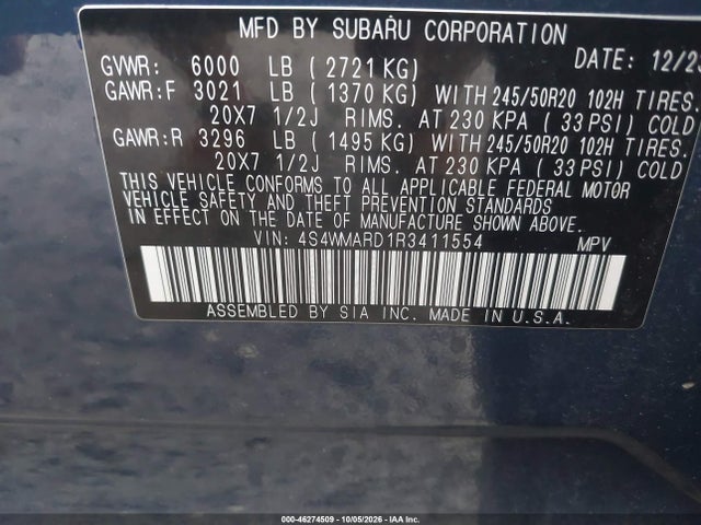 46274509 :رقم المزاد ، 4S4WMARD1R3411554 vin ، 2024 Subaru Ascent Limited 8-passenger مزاد بيع