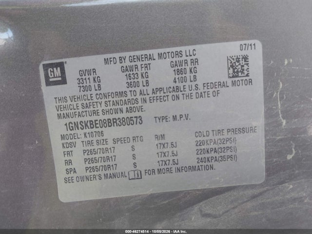 Продаж на аукціоні авто 2011 Chevrolet Tahoe Lt, vin: 1GNSKBE08BR380573, номер лоту: 46274514