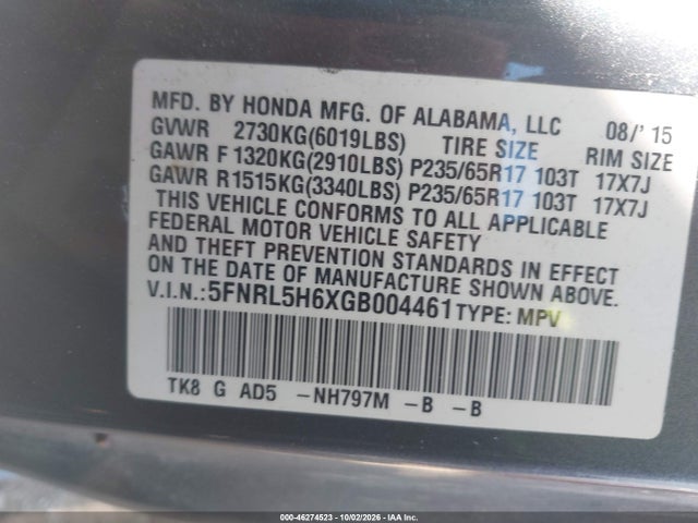 Aukcja sprzedaży 2016 Honda Odyssey Ex-l, vin: 5FNRL5H6XGB004461, numer aukcji: 46274523
