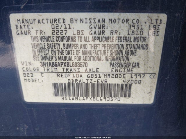 2011 Nissan Sentra 2.0s მანქანა იყიდება აუქციონზე, vin: 3N1AB6APXBL693570, აუქციონის ნომერი: 46274528