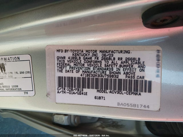 Продаж на аукціоні авто 2003 Toyota Camry Le, vin: 4T1BE32K93U759832, номер лоту: 46274536
