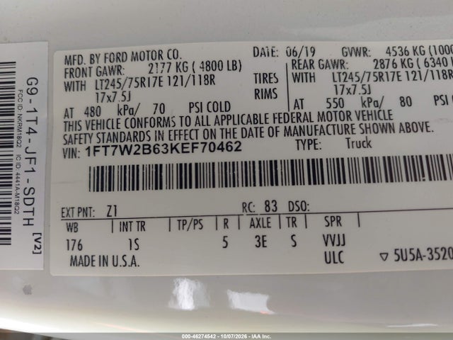 Продаж на аукціоні авто 2019 Ford F-250 Xl, vin: 1FT7W2B63KEF70462, номер лоту: 46274542