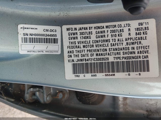 46274553 :رقم المزاد ، JHMFB4F21CS003520 vin ، 2012 Honda Civic Hybrid مزاد بيع