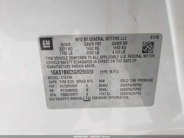 Продажа на аукционе авто 2016 Gmc Yukon Slt, vin: 1GKS1BKC5GR266939, номер лота: 46274566