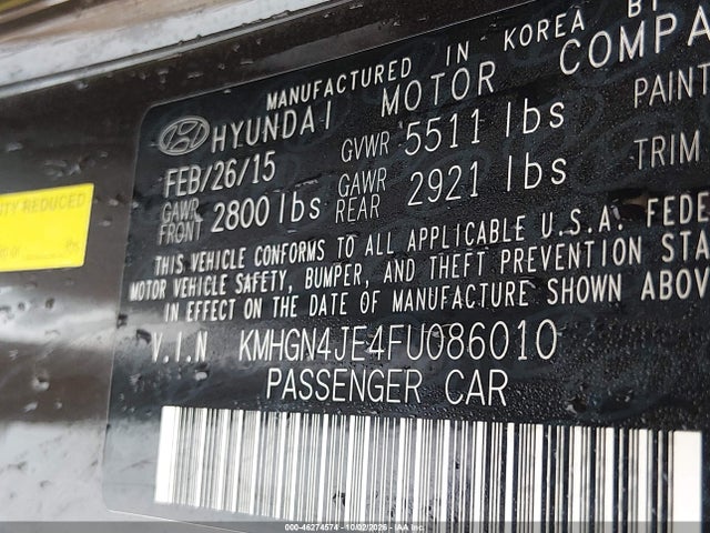 Aukcja sprzedaży 2015 Hyundai Genesis 3.8, vin: KMHGN4JE4FU086010, numer aukcji: 46274574