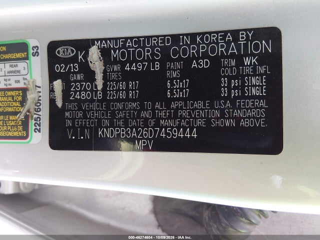2013 Kia Sportage Lx მანქანა იყიდება აუქციონზე, vin: KNDPB3A26D7459444, აუქციონის ნომერი: 46274604