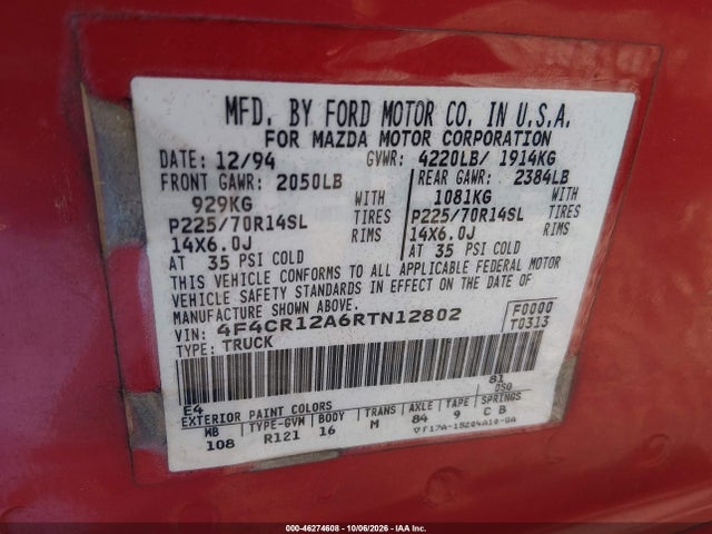 46274608 :رقم المزاد ، 4F4CR12A6RTN12802 vin ، 1994 Mazda B2300 مزاد بيع
