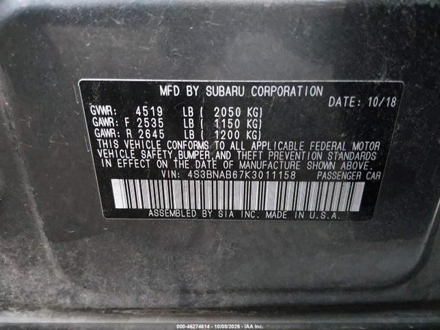 Auction sale of the 2019 Subaru Legacy 2.5i, vin: 4S3BNAB67K3011158, lot number: 46274614
