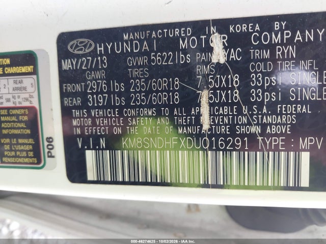 Продаж на аукціоні авто 2013 Hyundai Santa Fe Gls, vin: KM8SNDHFXDU016291, номер лоту: 46274625
