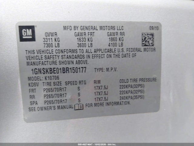 2011 Chevrolet Tahoe Lt მანქანა იყიდება აუქციონზე, vin: 1GNSKBE01BR150177, აუქციონის ნომერი: 46274647