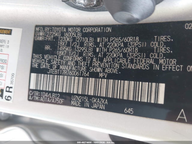 46274658 :رقم المزاد ، JTEBT17R760061764 vin ، 2006 Toyota 4runner Limited V8 مزاد بيع