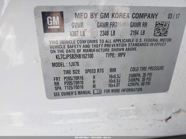 46274664 :رقم المزاد ، KL7CJPSB2HB162100 vin ، 2017 Chevrolet Trax Lt مزاد بيع